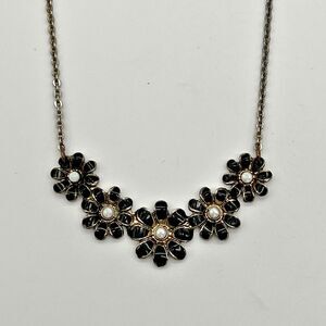 Vintage Black Enamel Faux Pearl Flower Silver Tone Necklace 20”